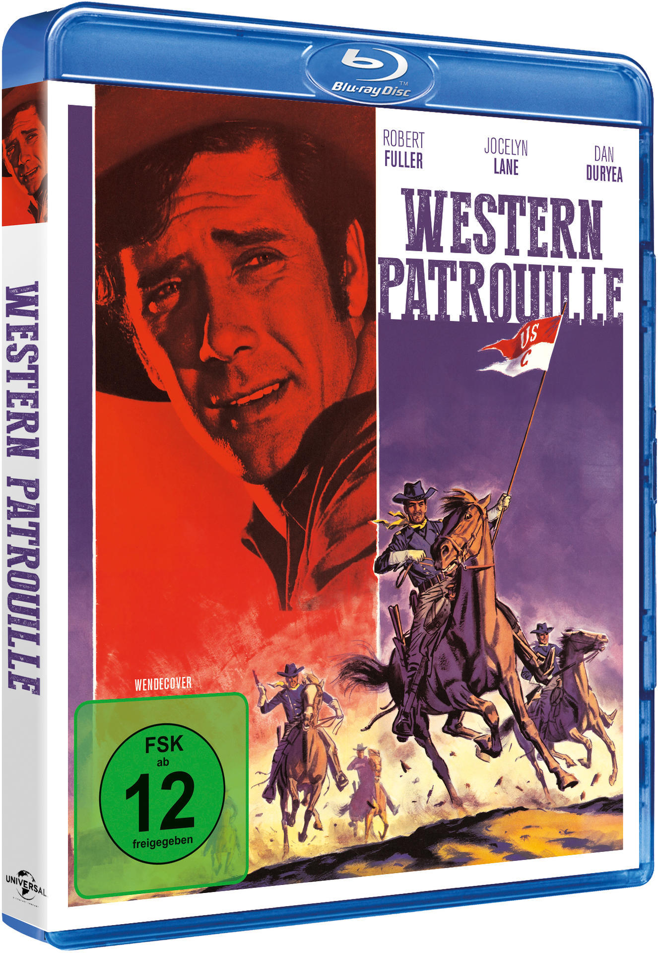 Blu-ray-Cover von Western Patrouille mit Schauspielern und US-Flagge.