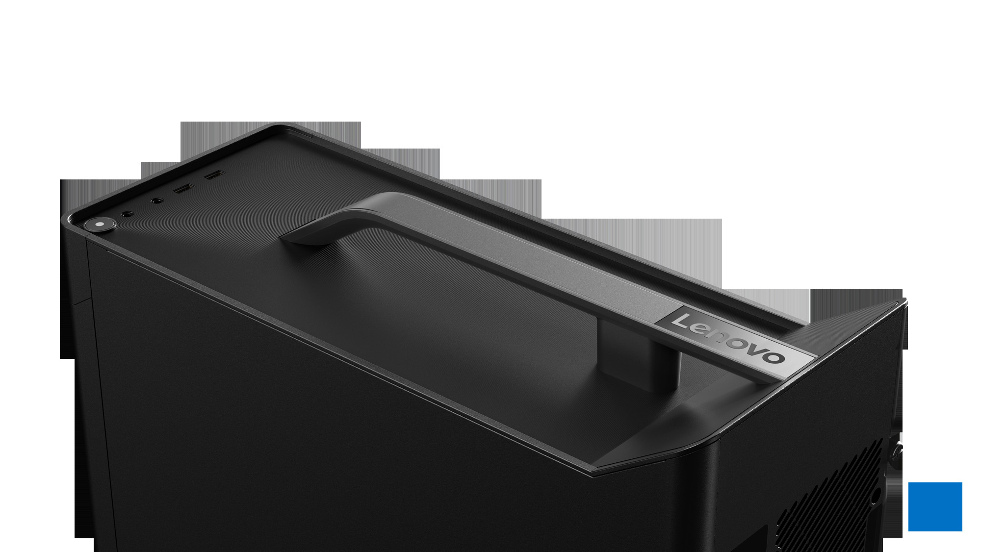 Schwarzer Lenovo PC-Gehäusegriff mit Lenovo-Logo.