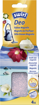 Doosje Swirl Deo luchtverfrisser, met magnoliabloemen en een stofzuiger afbeelding.