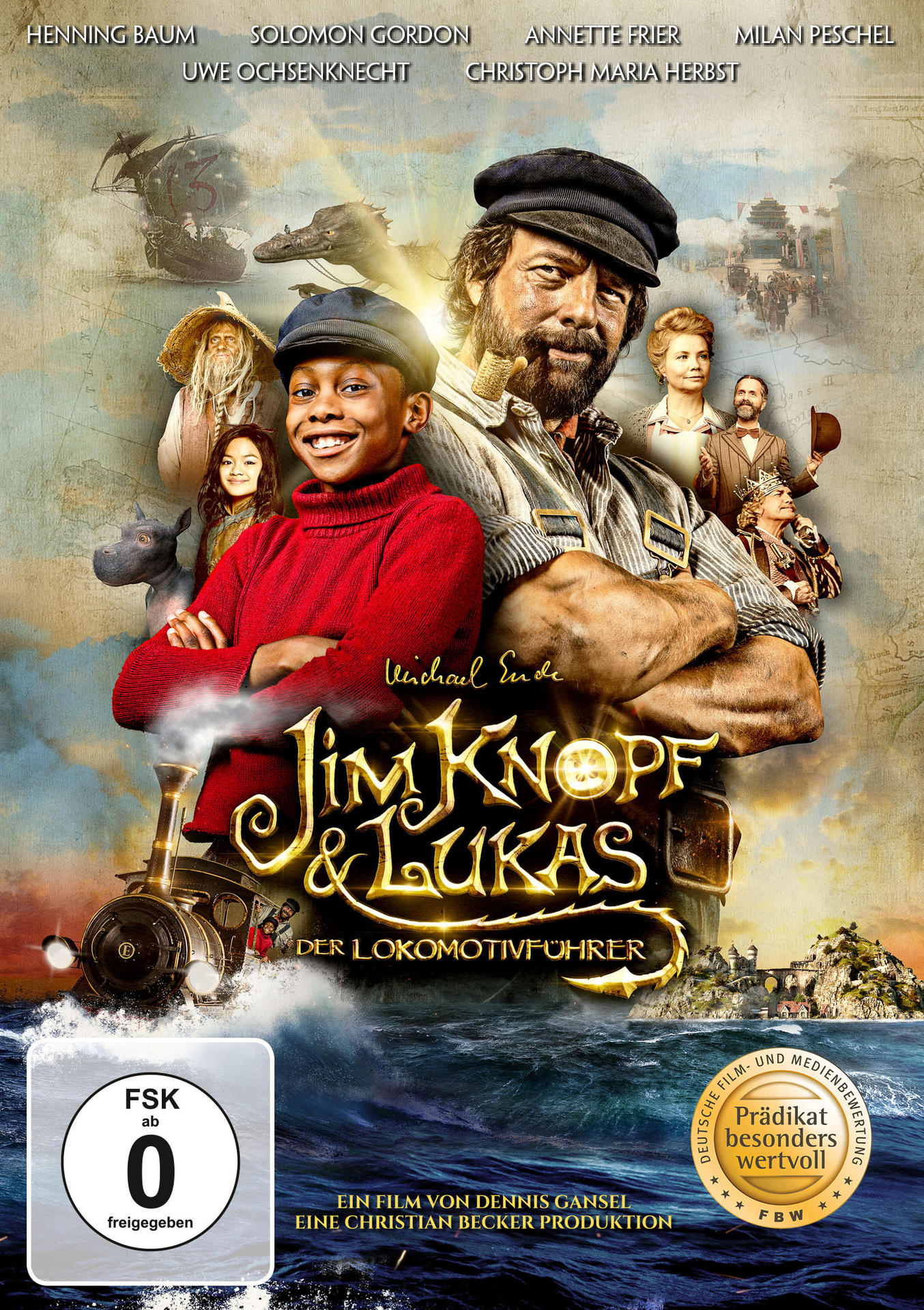 Filmposter für 'Jim Knopf & Lukas' mit zwei Männern und anderen Figuren auf einem Schiff.