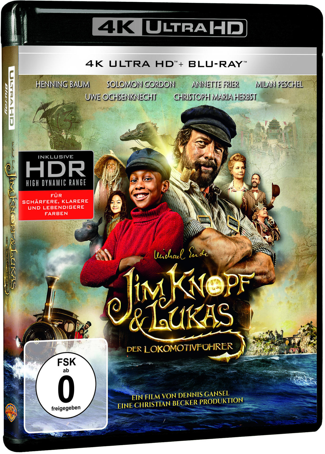 DVD-Hülle mit dem Film 'Jim Knopf & Lukas', mit Schauspielern, Zug und '4K Ultra HD'-Label.
