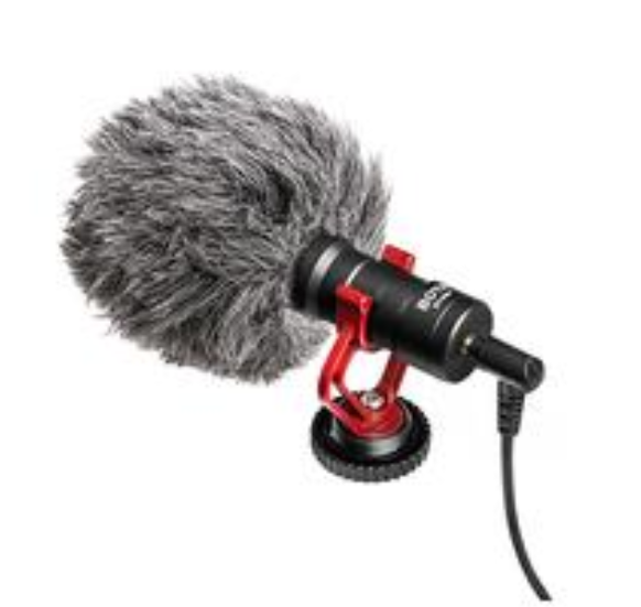 Mikrofon mit Windschutz. Schwarz und rot. Weißer Hintergrund.