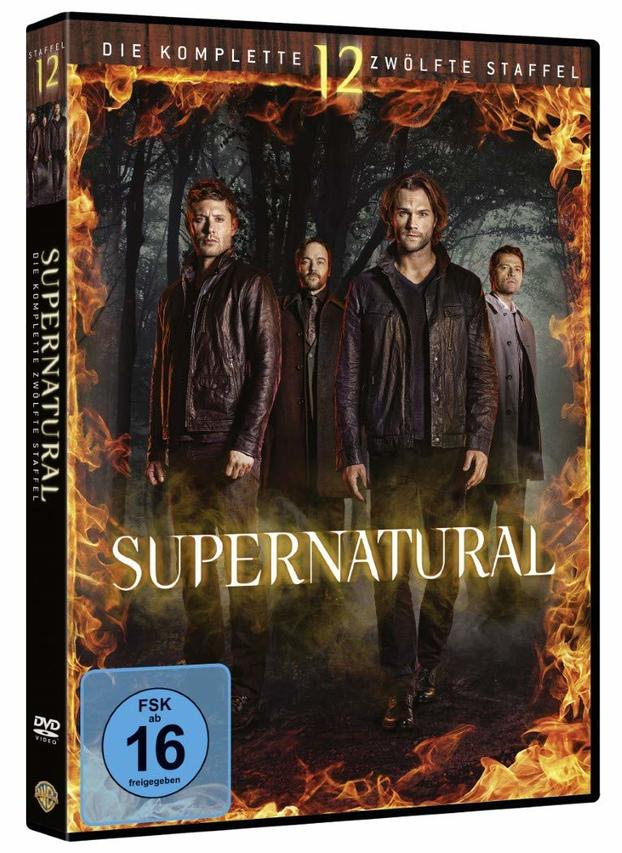 Supernatural DVD-Cover. Vier Schauspieler in Lederjacken stehen vor einer Feuerszene.