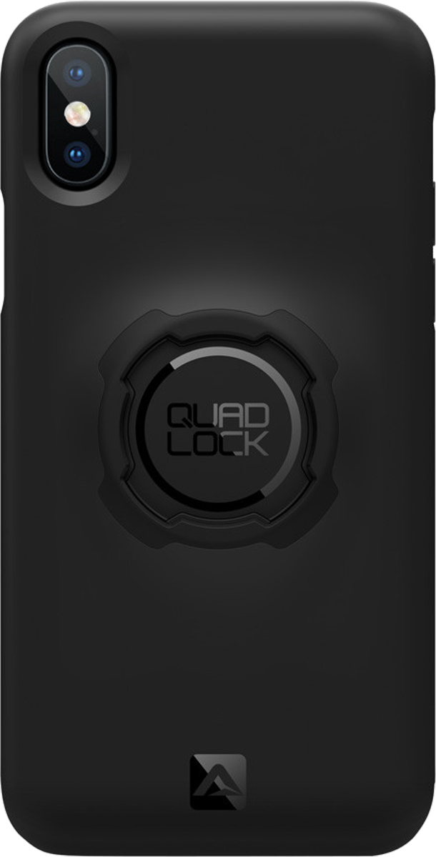 Eine schwarze Handyhülle mit kreisförmiger Halterung auf der Rückseite. Es hat die Wörter QUAD LOCK und ein A-Logo.