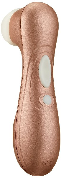Vibrador oro rosa con dos botones y punta blanca. Fondo blanco.