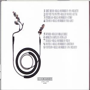 Headset-Mikrofon mit Spiralkabel und Liste von neun Songtiteln und Künstlernamen auf weißem Hintergrund.