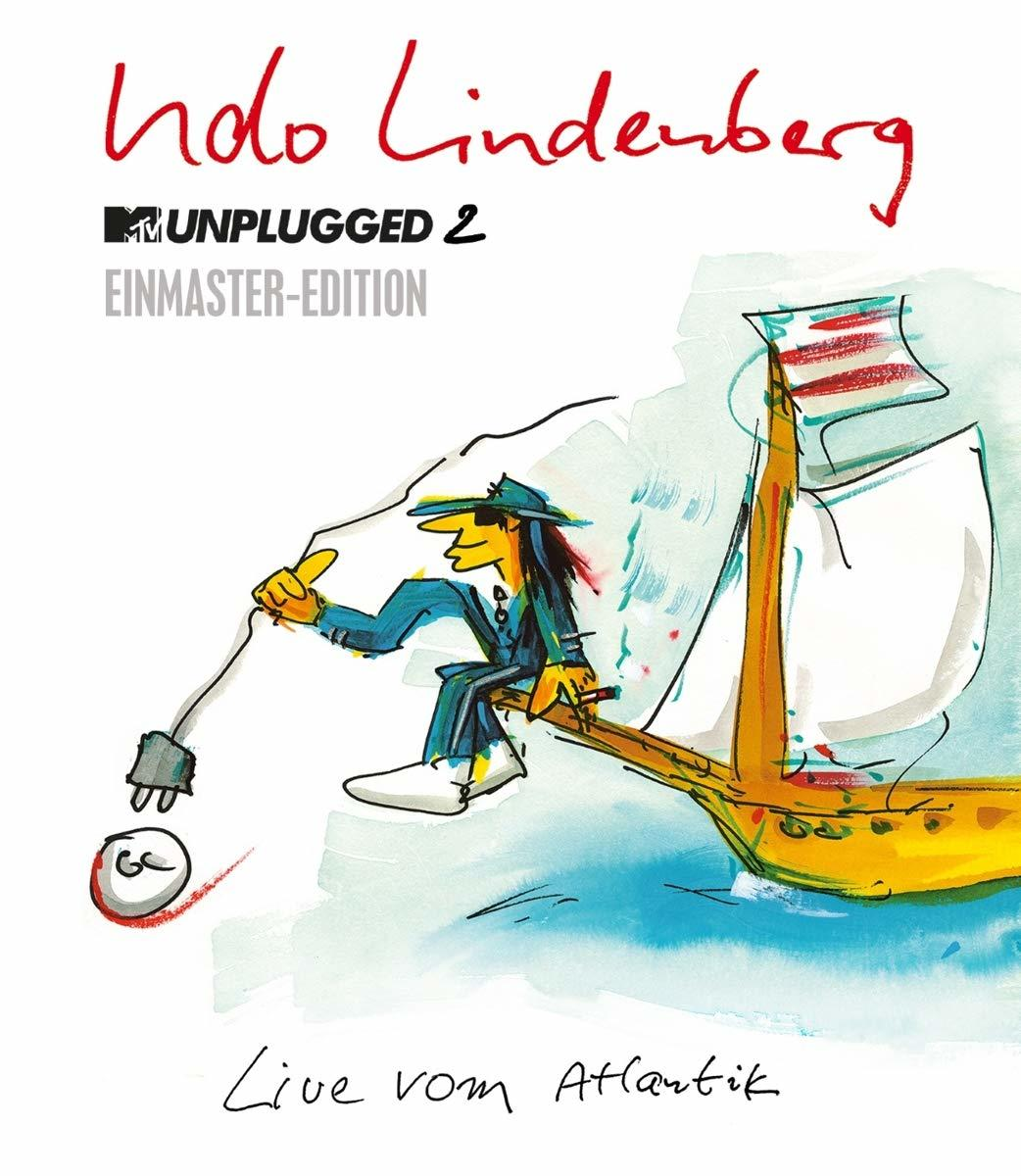 Cartoonzeichnung von H.Lindenberg auf einem Boot. Titel: MTV Unplugged 2.