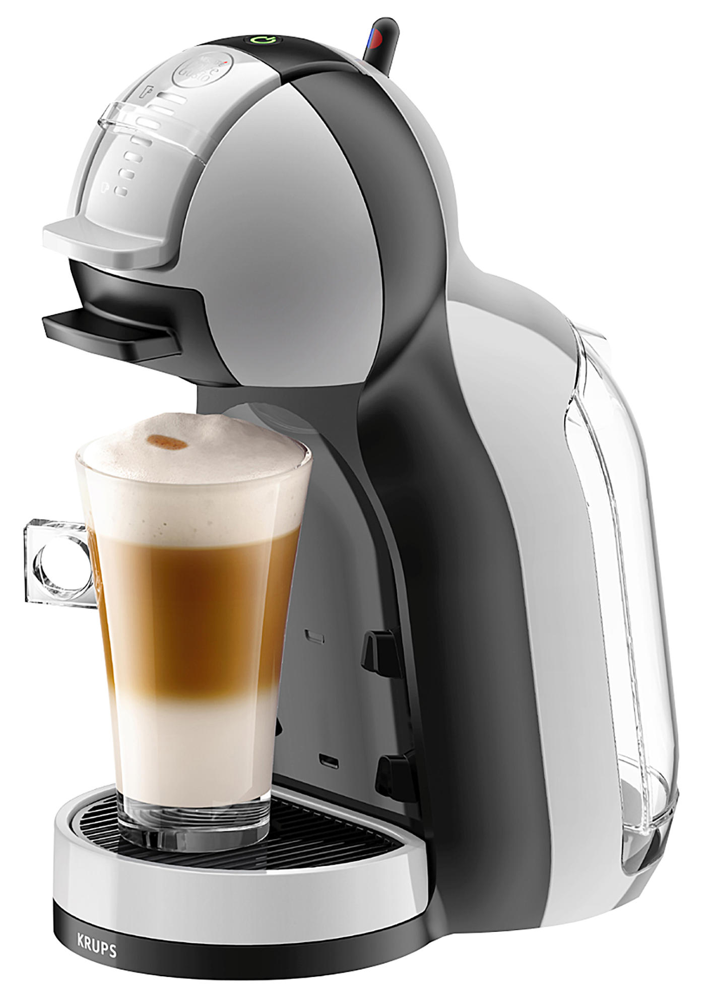 Een zilver-zwarte koffiemachine met een glas latte. Er is een schuimtop zichtbaar.
