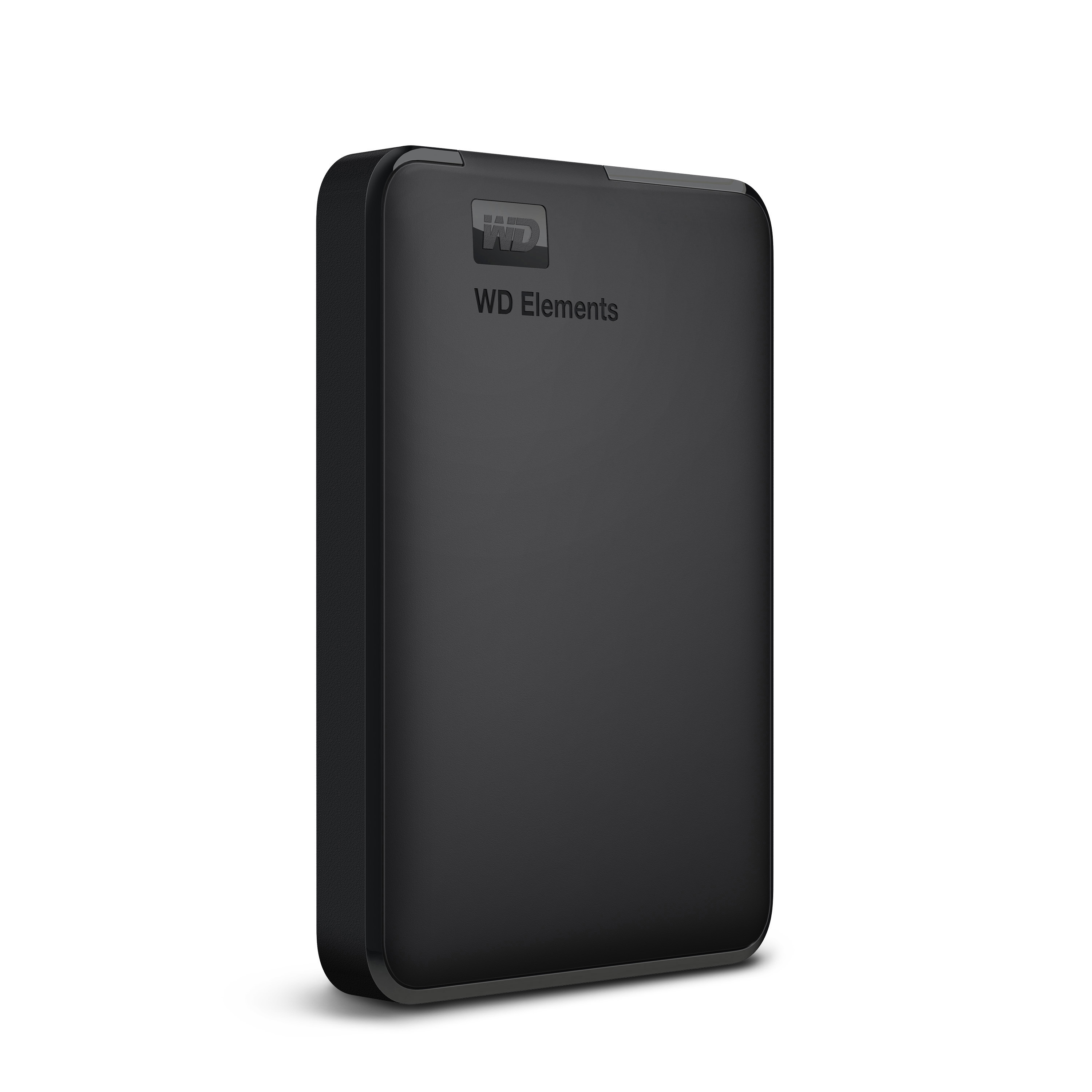 Schwarze externe Festplatte von WD Elements. Sie ist rechteckig und hat das WD-Logo.