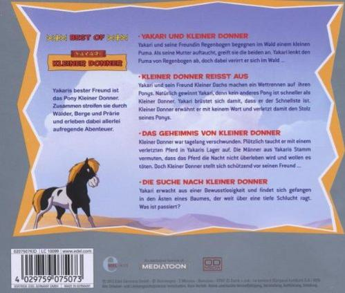 Rückseite eines Kinderbuchs. Text auf Deutsch, mit Ponyzeichnung. Hintergrund gelb und orange.