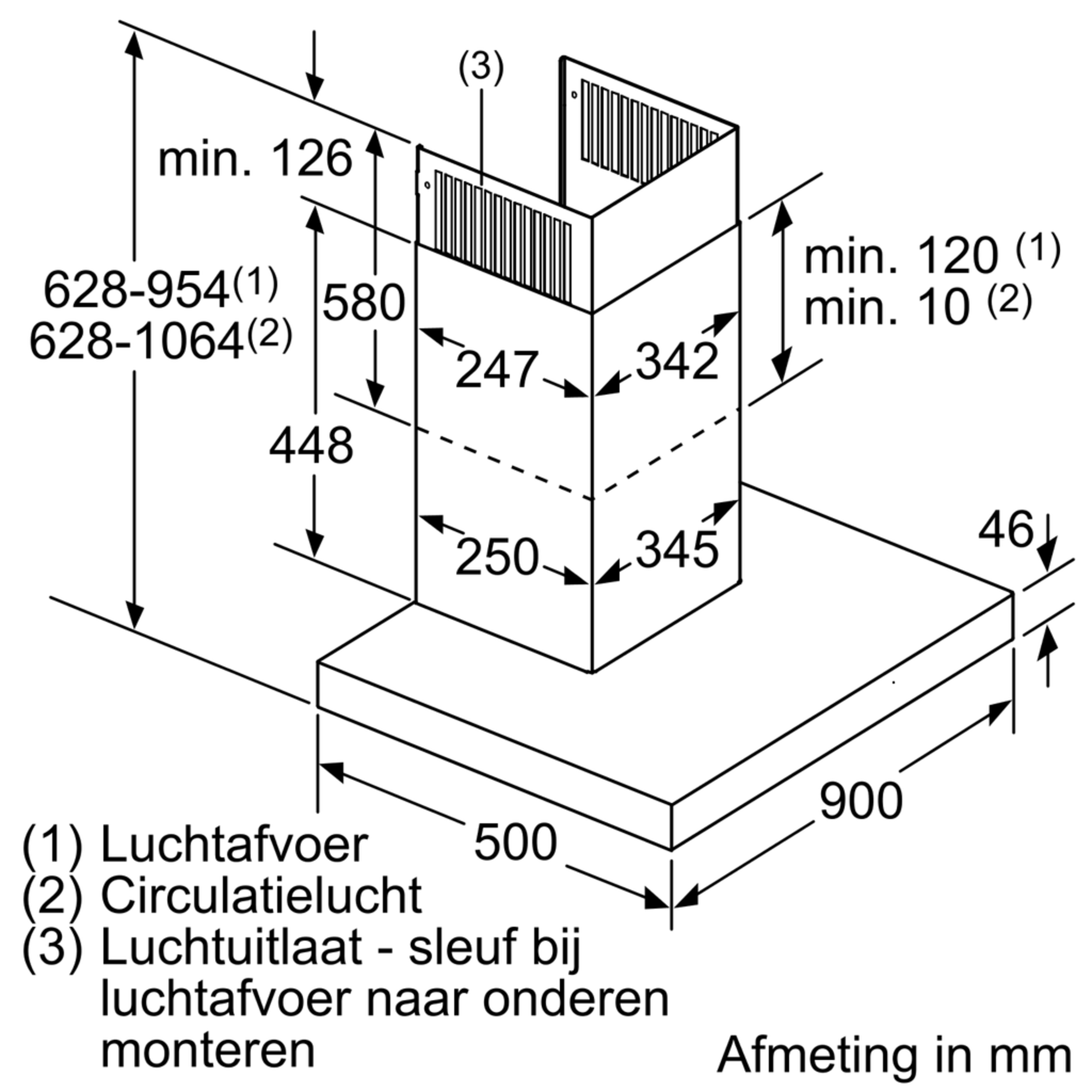 Diagram van een keukenventilatiekap met afmetingen in mm. Het heeft een inlaat, een uitlaat en een rechthoekige basis.