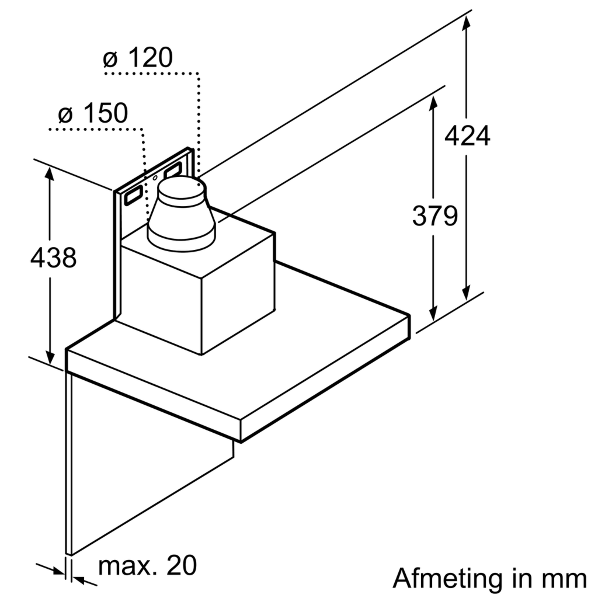 Diagram van een afzuigkap met afmetingen. Inclusief een doos en een cirkelvormige uitlaat.