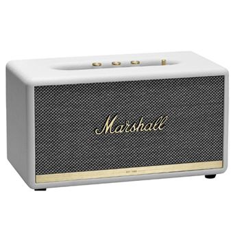 Altavoz blanco con malla negra y detalles dorados. El logotipo de Marshall es prominente.