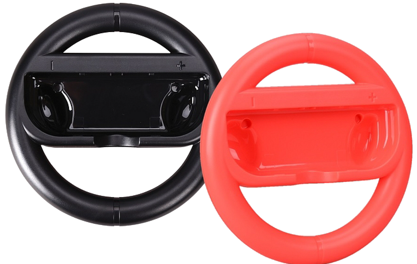 Zwei Wii-Lenkräder, eines schwarz, eines rot, beide mit Controller-Steckplätzen.
