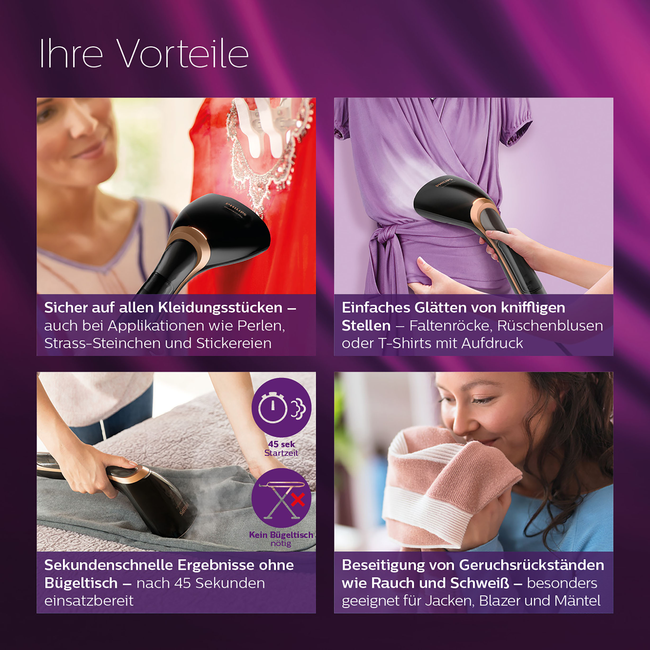 Mehrteiliges Bild, das die Vorteile eines Dampfgarers zeigt.
