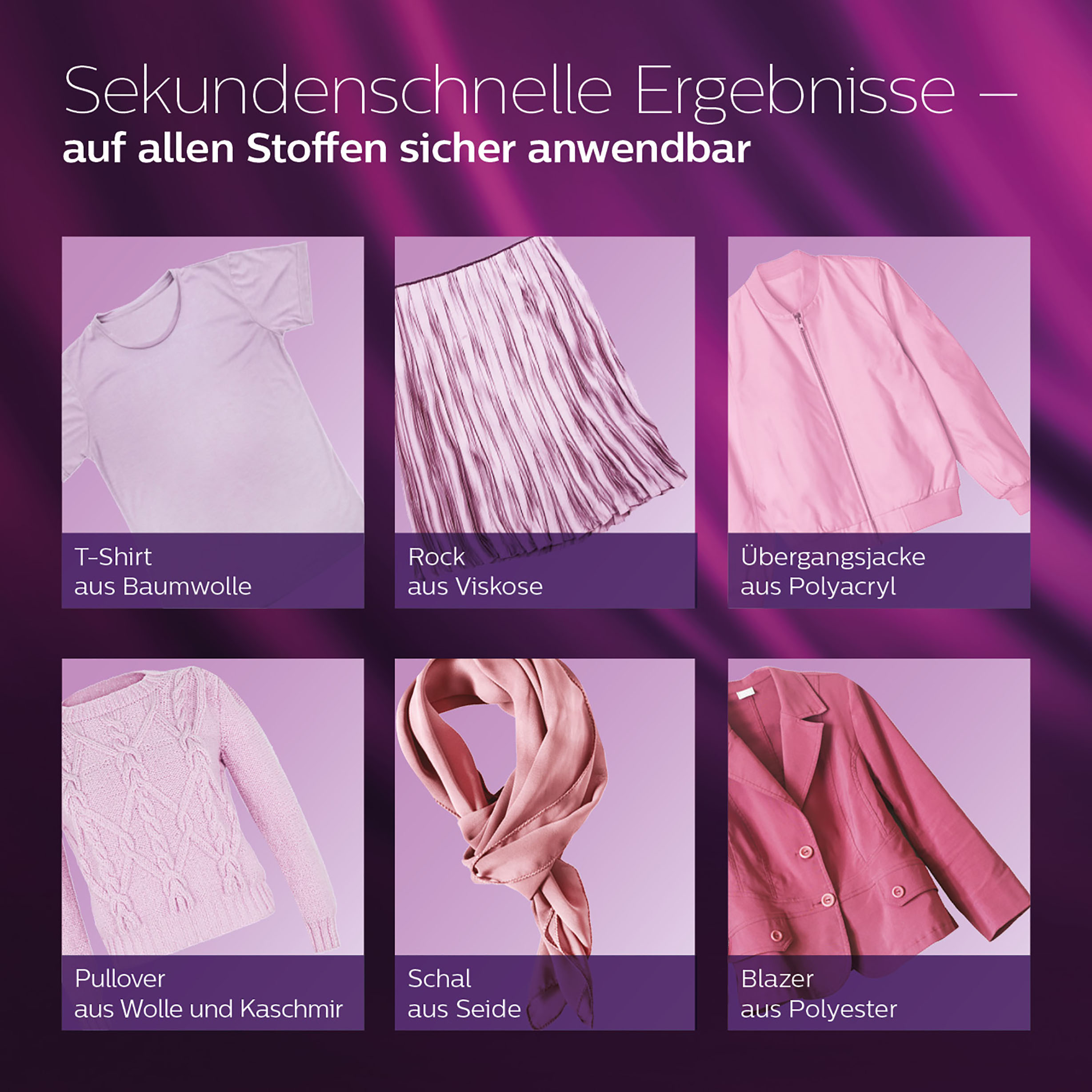 Kleidungsstücke: T-Shirt, Rock, Jacke, Pullover, Schal und Blazer. Alles rosa Töne.