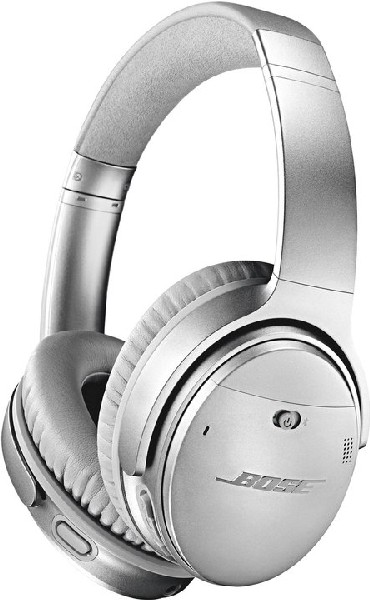 Auriculares Bose plateados. Diseño circumaural. Fondo blanco.