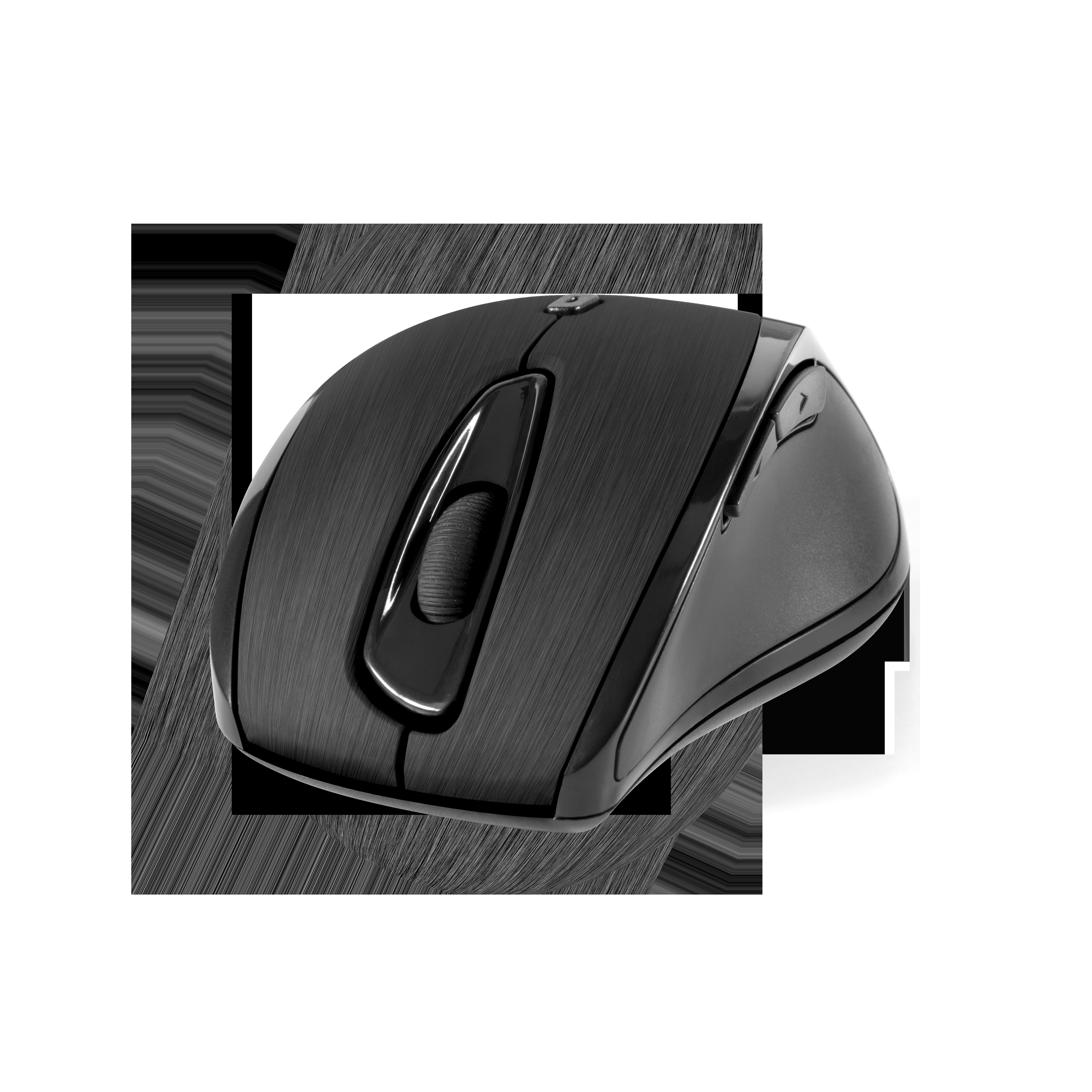 Schwarze Computermaus auf weißer Oberfläche. Die Maus hat eine strukturierte Oberfläche.