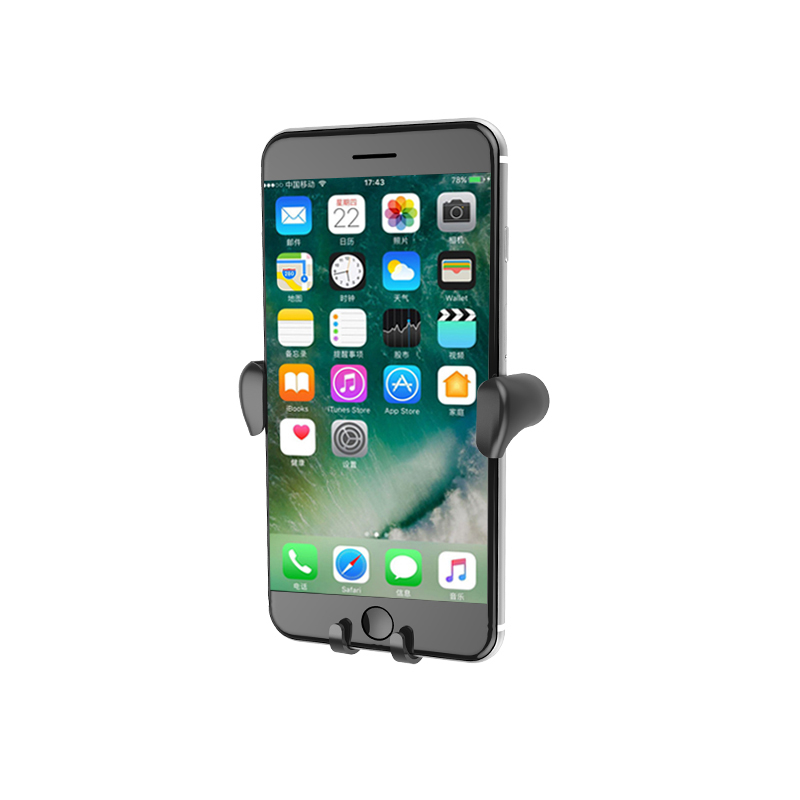 Schwarzes Smartphone in einer Handyhalterung. Das Telefon zeigt einen App-Bildschirm.