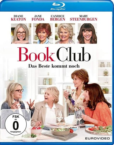 DVD-Cover: Vier Frauen in einem Wohnzimmer mit Tisch, Weingläsern und den Worten 'Book Club'.
