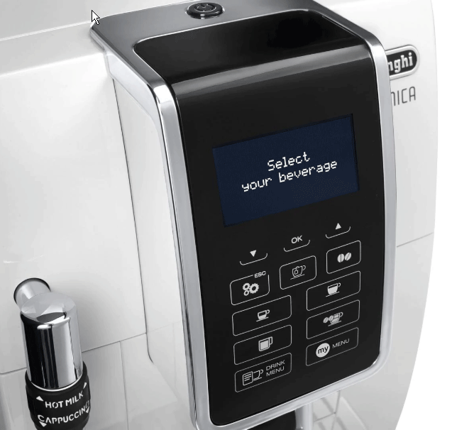 Gros plan sur une machine à café avec écran affichant 'Select your beverage'.