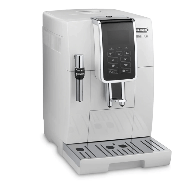 Machine à café DeLonghi blanche avec écran noir et détails argentés.