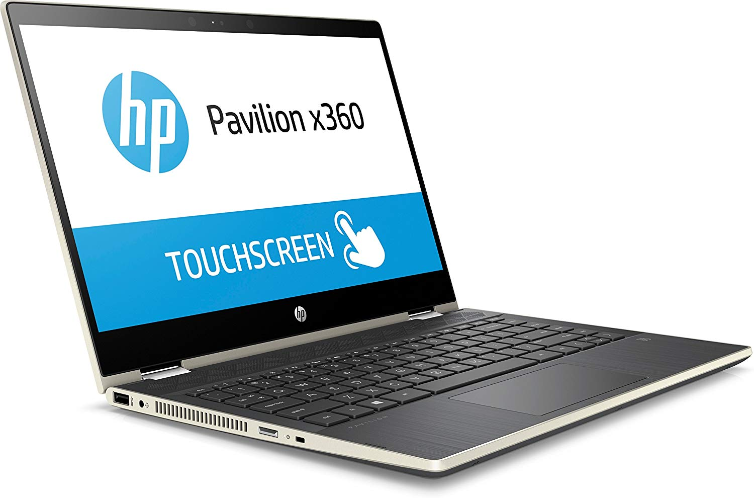 Un portátil plateado con pantalla táctil, que muestra una pantalla blanca con el logotipo de HP.
