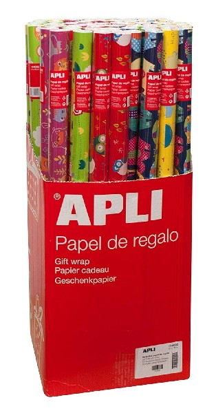 Rollos de papel de regalo en una caja roja. Los rollos tienen patrones coloridos.