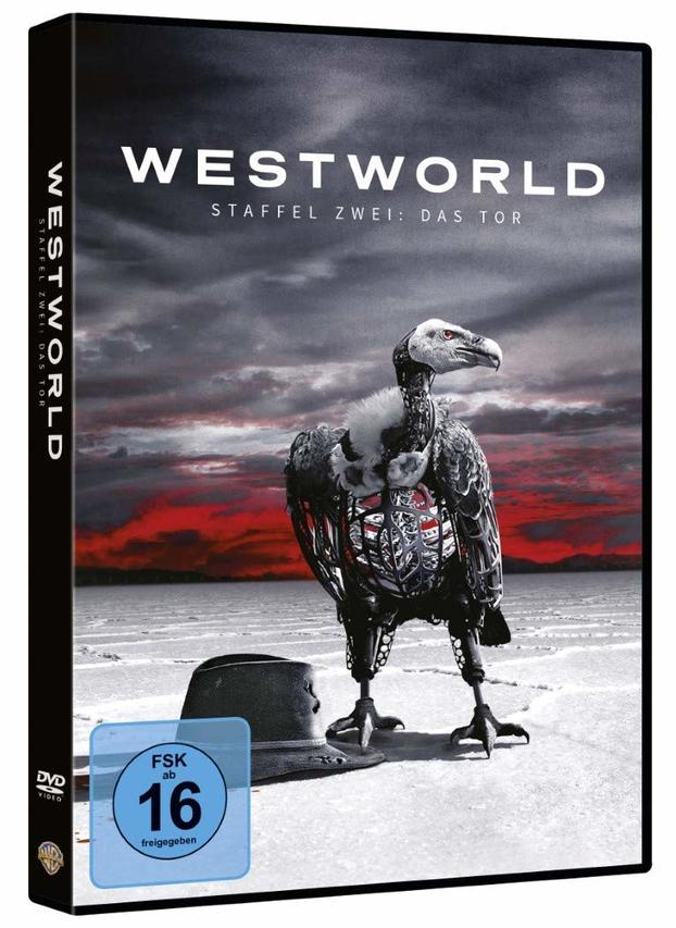 DVD-Cover für Westworld. Ein Robot-Geier steht in der Nähe eines Huts in einer trostlosen Landschaft.