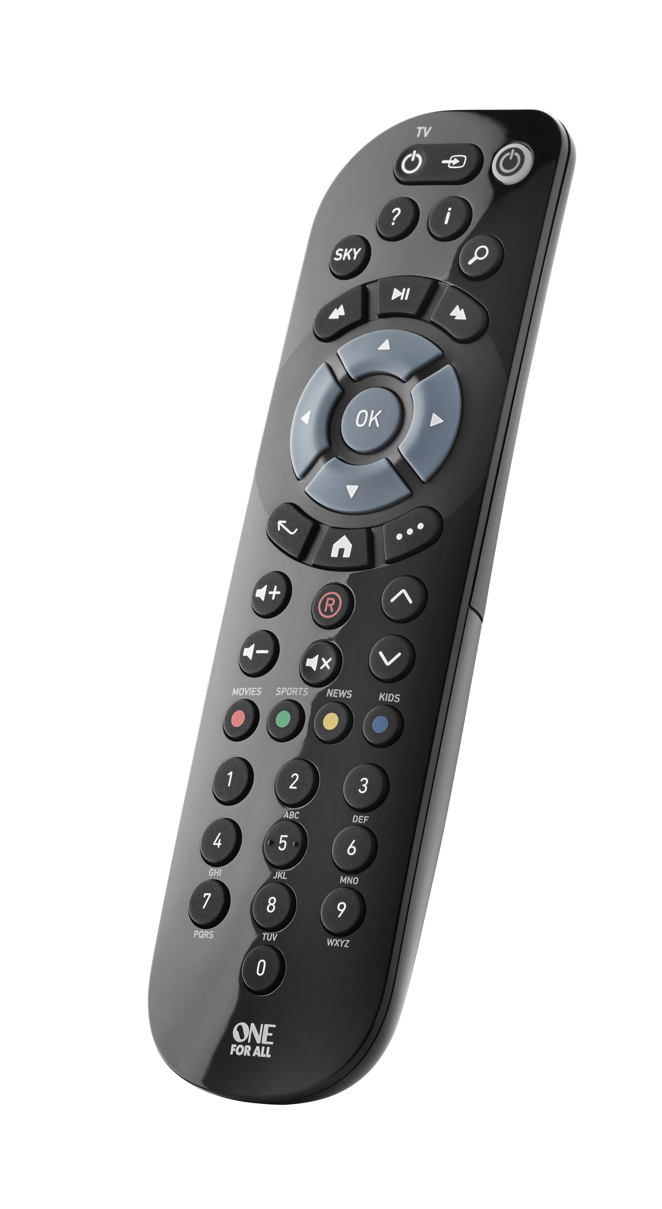 Schwarze TV-Fernbedienung mit zahlreichen Tasten, darunter Zahlen, Richtungstasten und Funktionstasten.