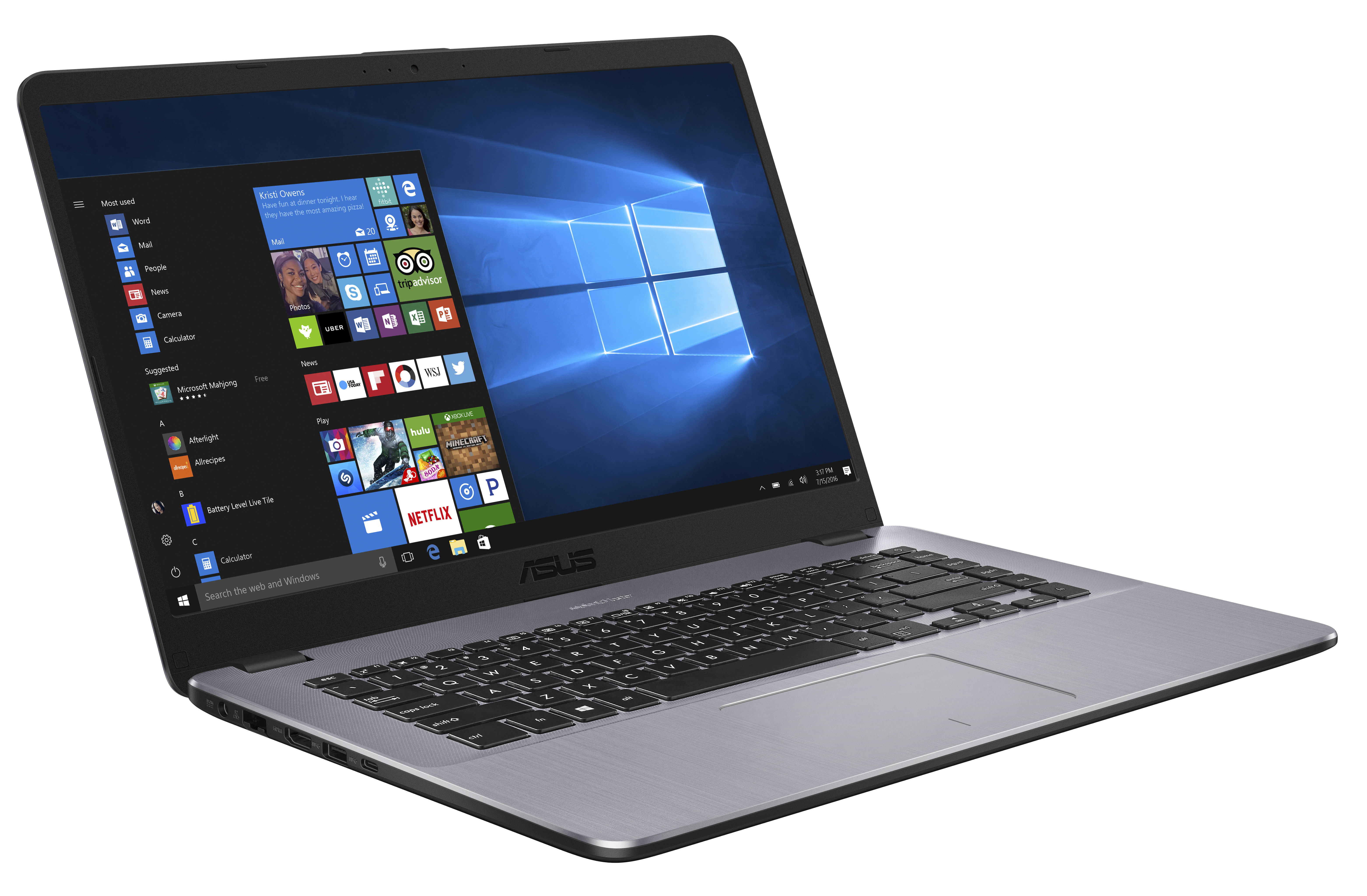Laptop mit geöffnetem Display, zeigt den Windows-Desktop. Silberne Farbe.