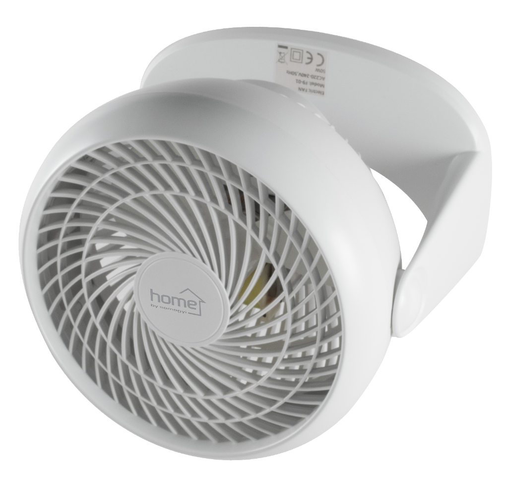 Fehér ventilátor kör alakú dizájnnal és ívelt tartókarral.
