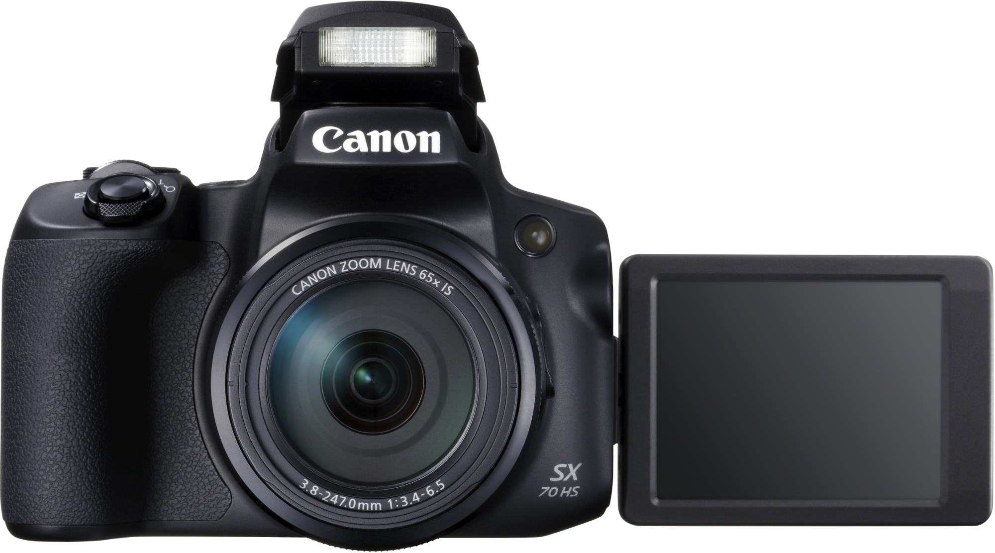 Lens ve ekranı açık siyah Canon kamera. Üstte bir flaş ve bir zoom lensi var.