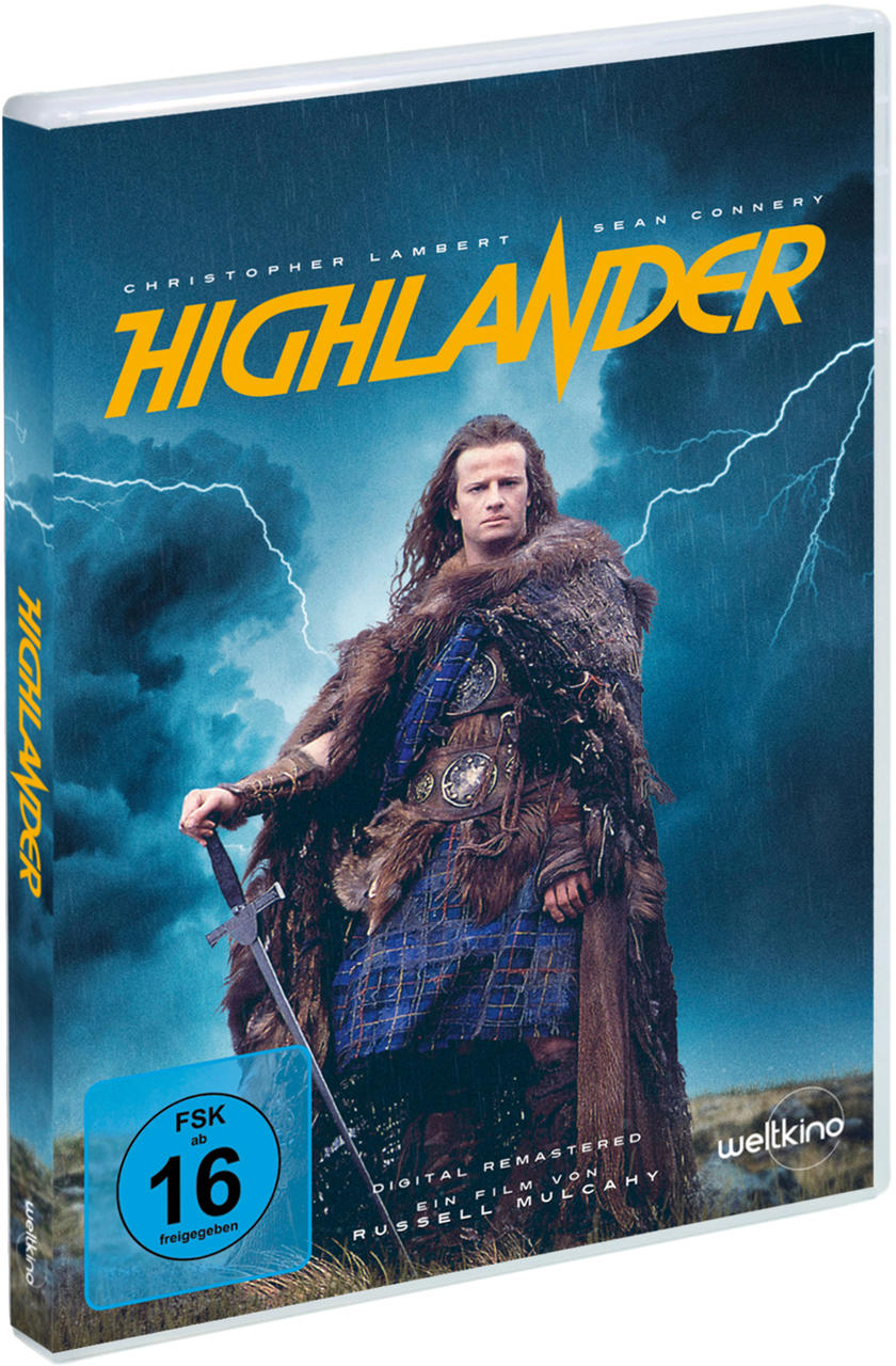 DVD-Hülle. Highlander-Filmcover. Mann mit Schwert, Fell tragend, vor stürmischem Hintergrund mit Blitz.