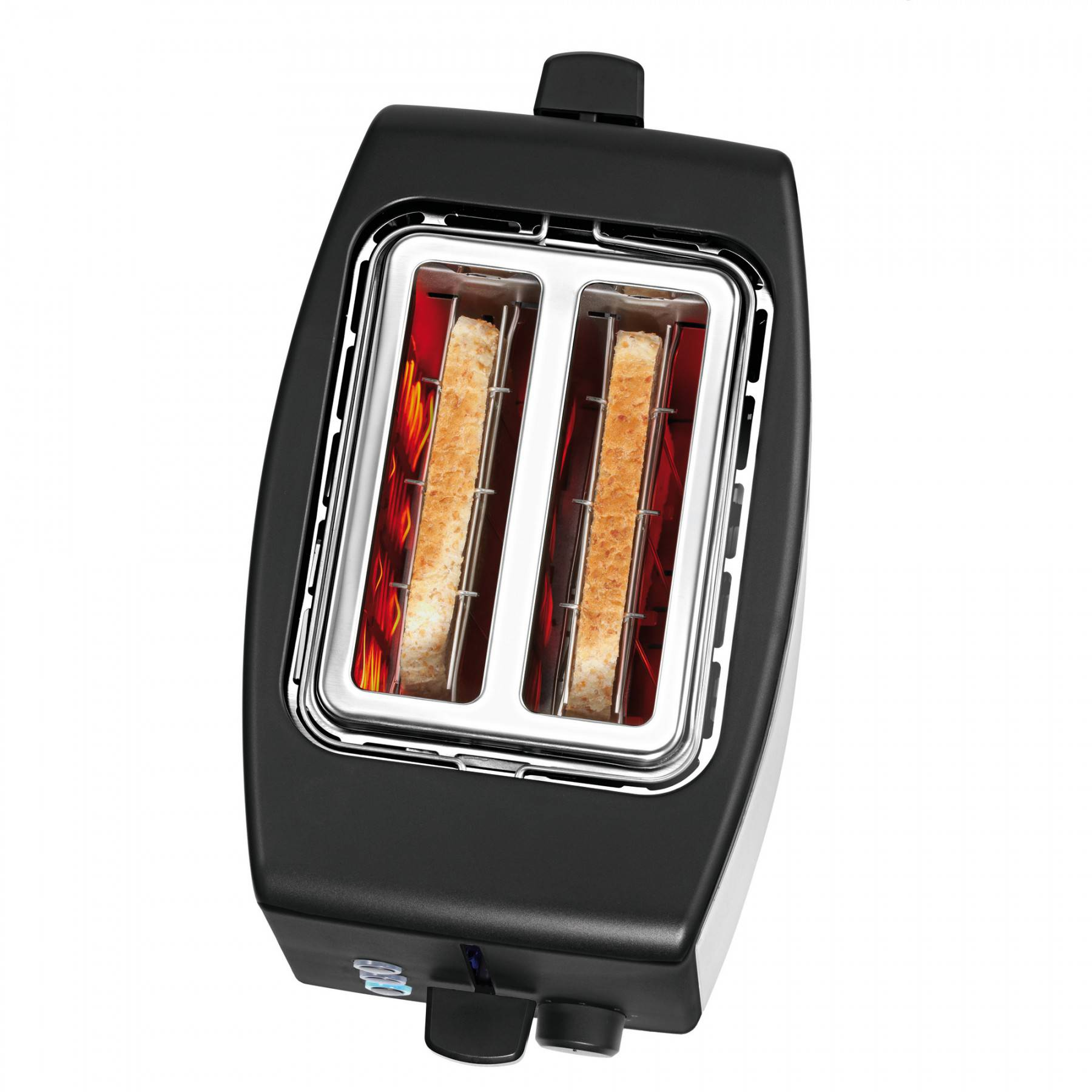 Schwarzer Toaster mit zwei Schlitzen, je mit getoastetem Brot. Das Innere ist hellrot.