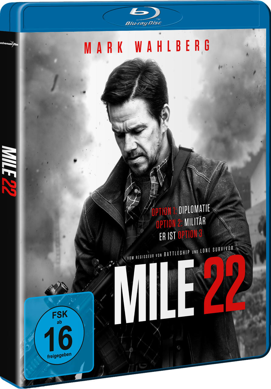 Mile 22 Blu-ray-Filmhülle mit Mark Wahlberg auf dem Cover.