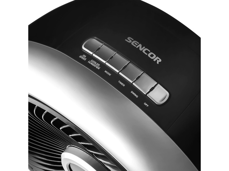 A ventilátor vezérlőpaneljének közeli képe. 'ON', 'SPEED', 'MODE' feliratú gombokkal rendelkezik.