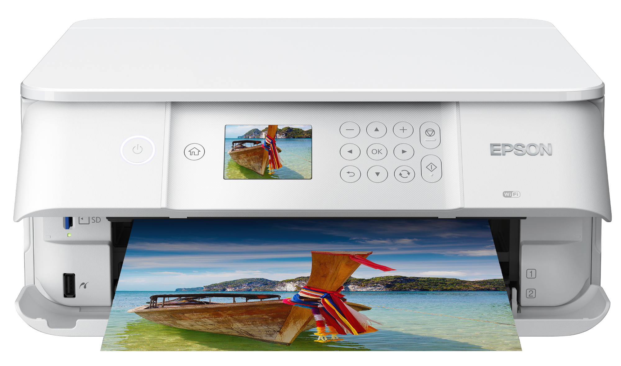 Weißer Drucker, der ein Foto von einem Boot auf dem Meer druckt.