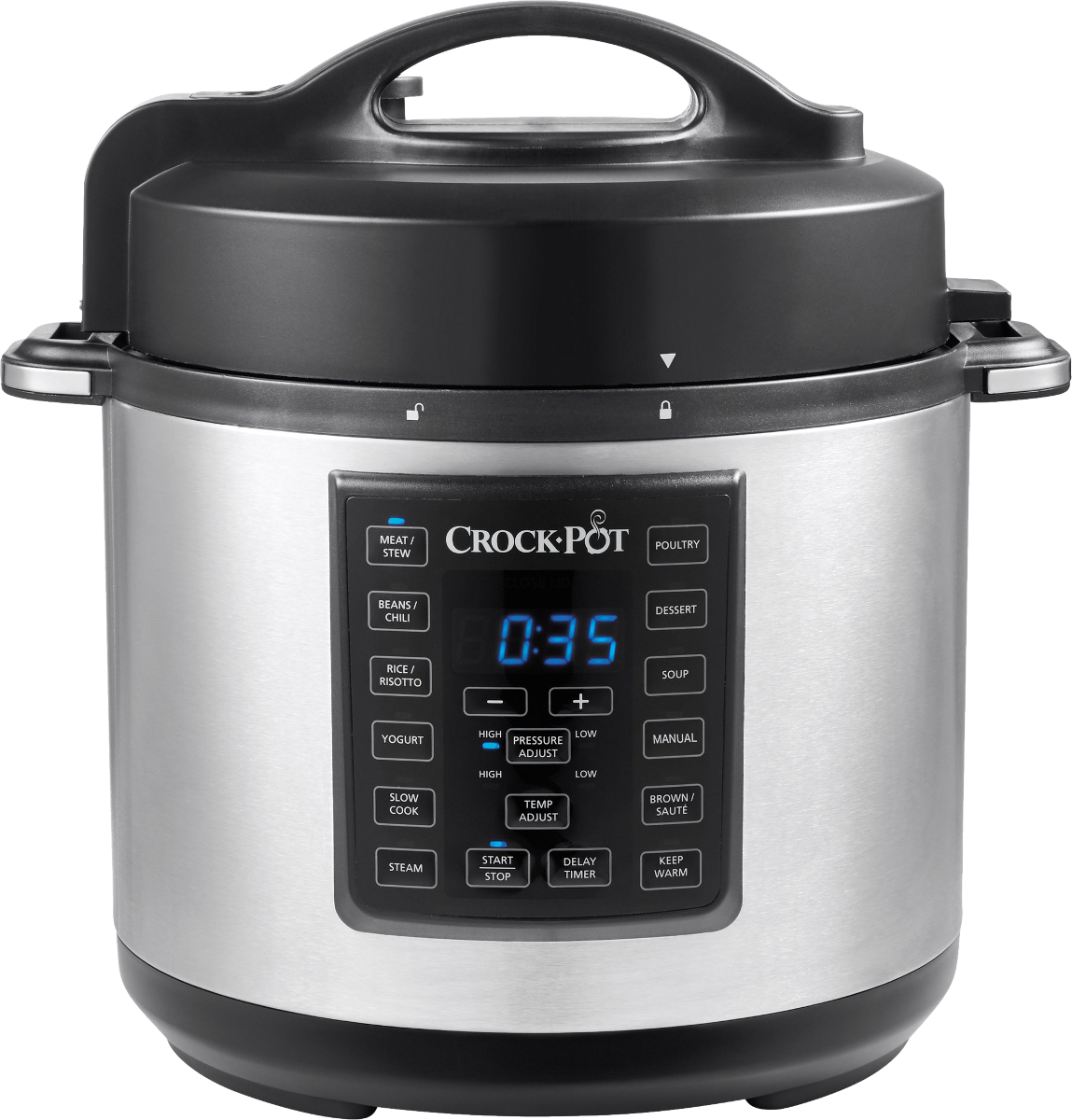 Crock-Pot argenté avec couvercle et boutons noirs. Affichage numérique du minuteur.