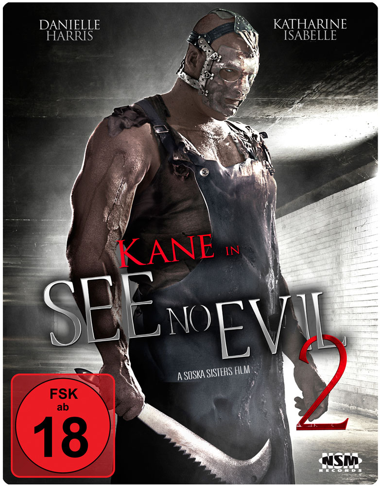 DVD-Cover: 'See No Evil 2' Filmplakat mit maskiertem Mann, der eine Säge hält.