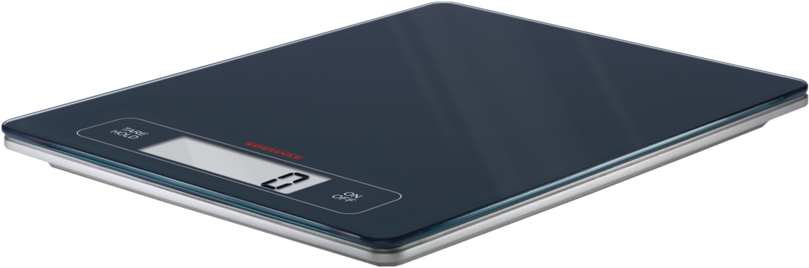 Digitale Küchenwaage, schwarze Oberfläche mit Anzeige Null.