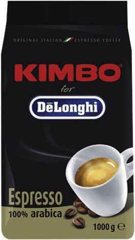 Paquet de café Kimbo noir et doré, avec une tasse de café et un expresso, marque DeLonghi.