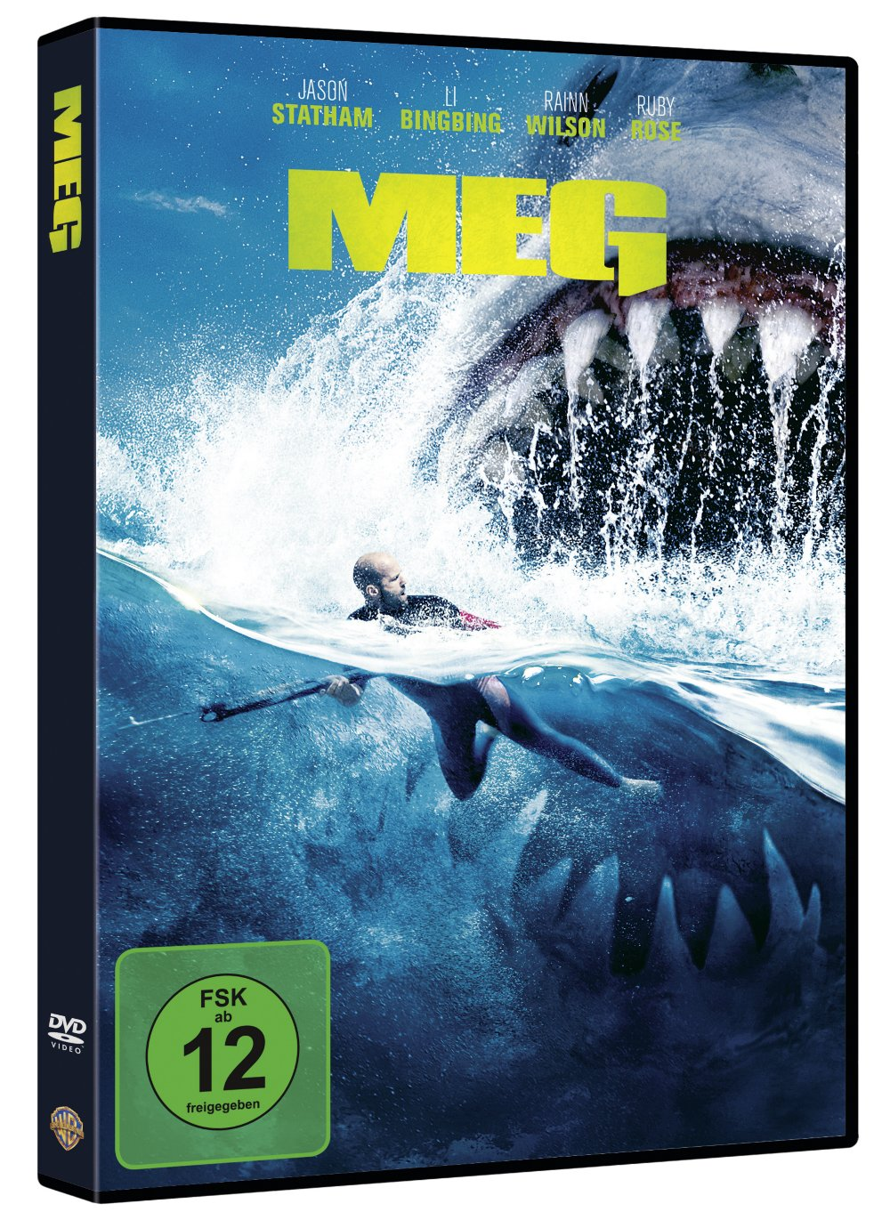 DVD-Cover des Films "MEG". Zeigt einen Hai, der Menschen im Wasser angreift.