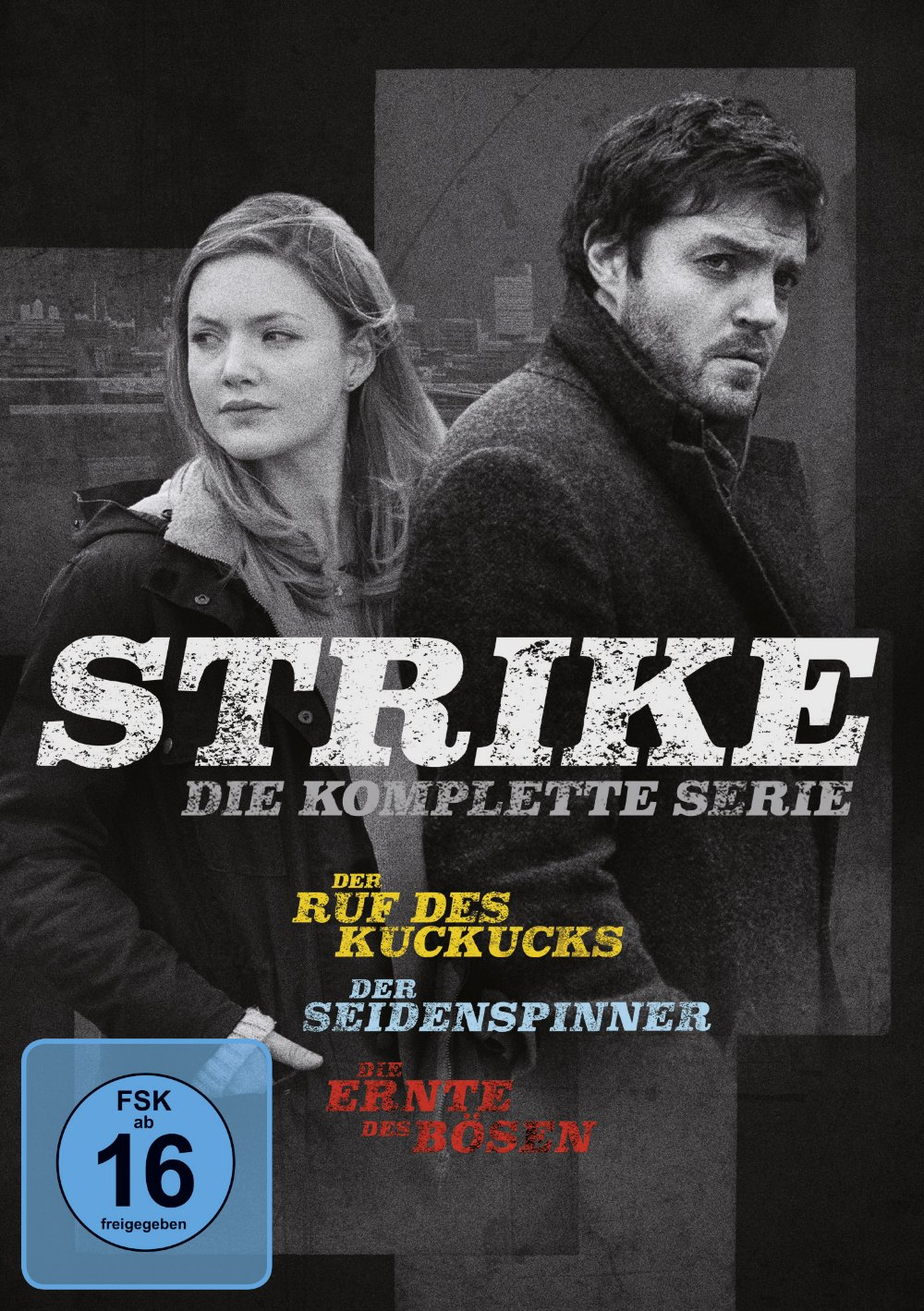 DVD-Cover für die Serie "Strike" mit zwei Personen, Titel und Episodentiteln.