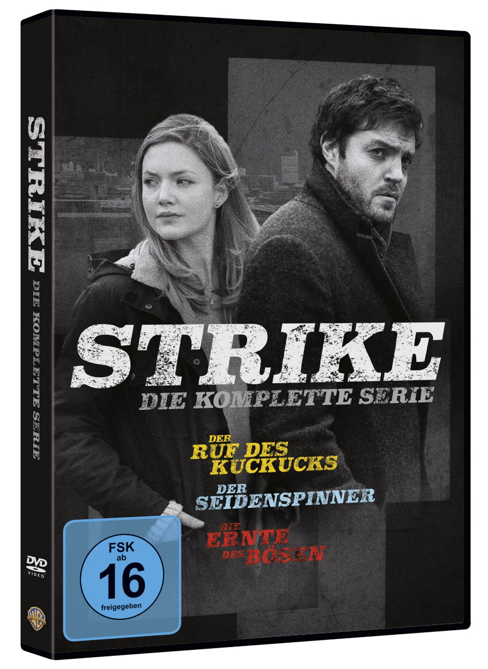 Eine DVD-Box-Set der Fernsehserie 'Strike' mit Schauspielern auf dem Cover.