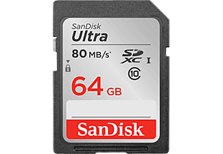 SANDISK Ultra - SDXC-Cartes mémoire  (64 GB, 80 MB/s, Argent/Noir)