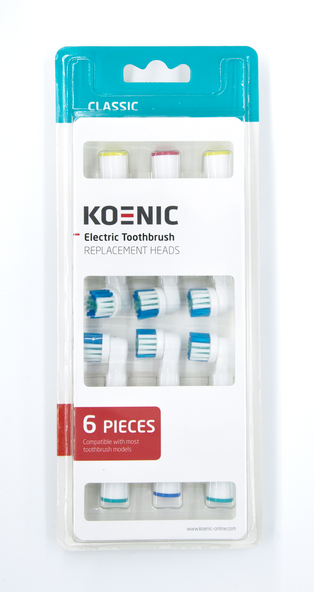 Verpackung von Koenic-Ersatz-Bürstenköpfen für elektrische Zahnbürsten. Sechs Köpfe sichtbar.