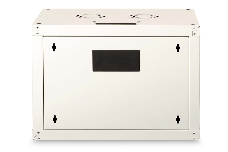 Weißes Metall-Server-Rack mit schwarzem Rechteck, zwei Lüftern und Befestigungslöchern, vor weißem Hintergrund.