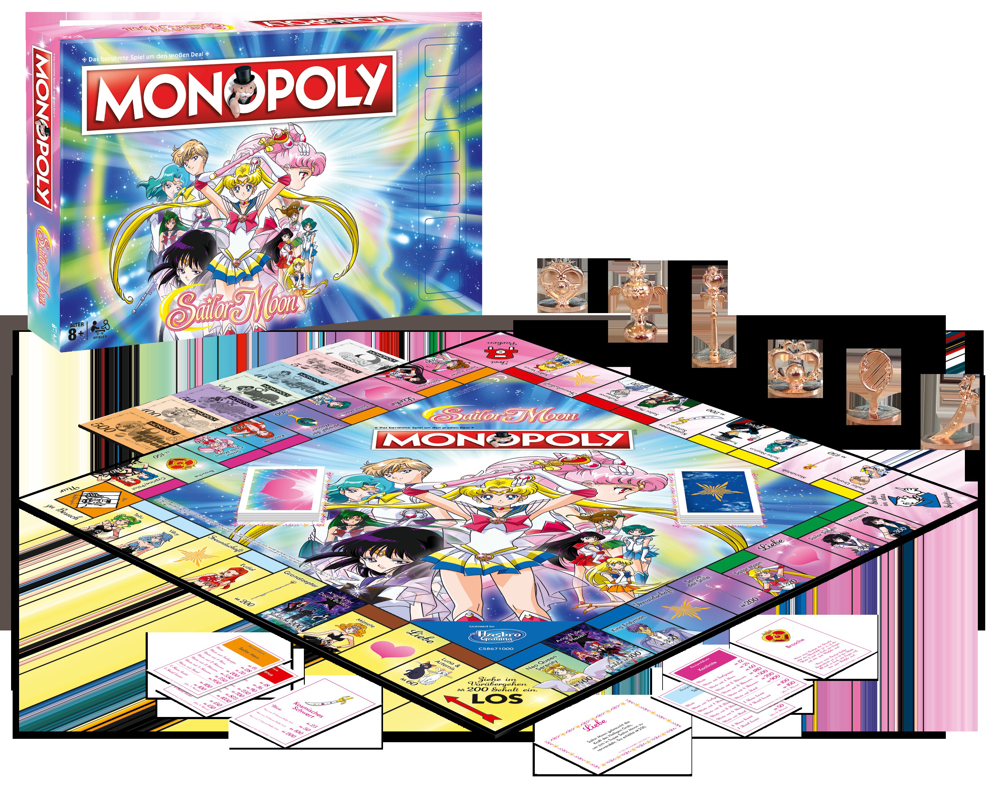 Monopoly-Spielbrett mit Sailor Moon-Thema, inklusive Spielfiguren, Karten und Schachtel.
