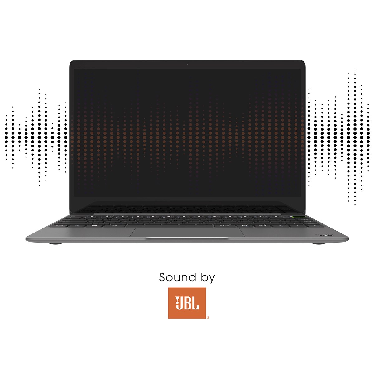 Ein Laptop mit Schallwellen-Grafiken. Der Boden hat ein JBL-Logo und den Text: Sound by JBL. Der Bildschirm ist schwarz.